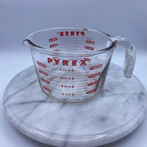 Pyrex Measuring Cup Kitchen 4 Cup 1 Quart Clear Red Glass Markings Made in USA